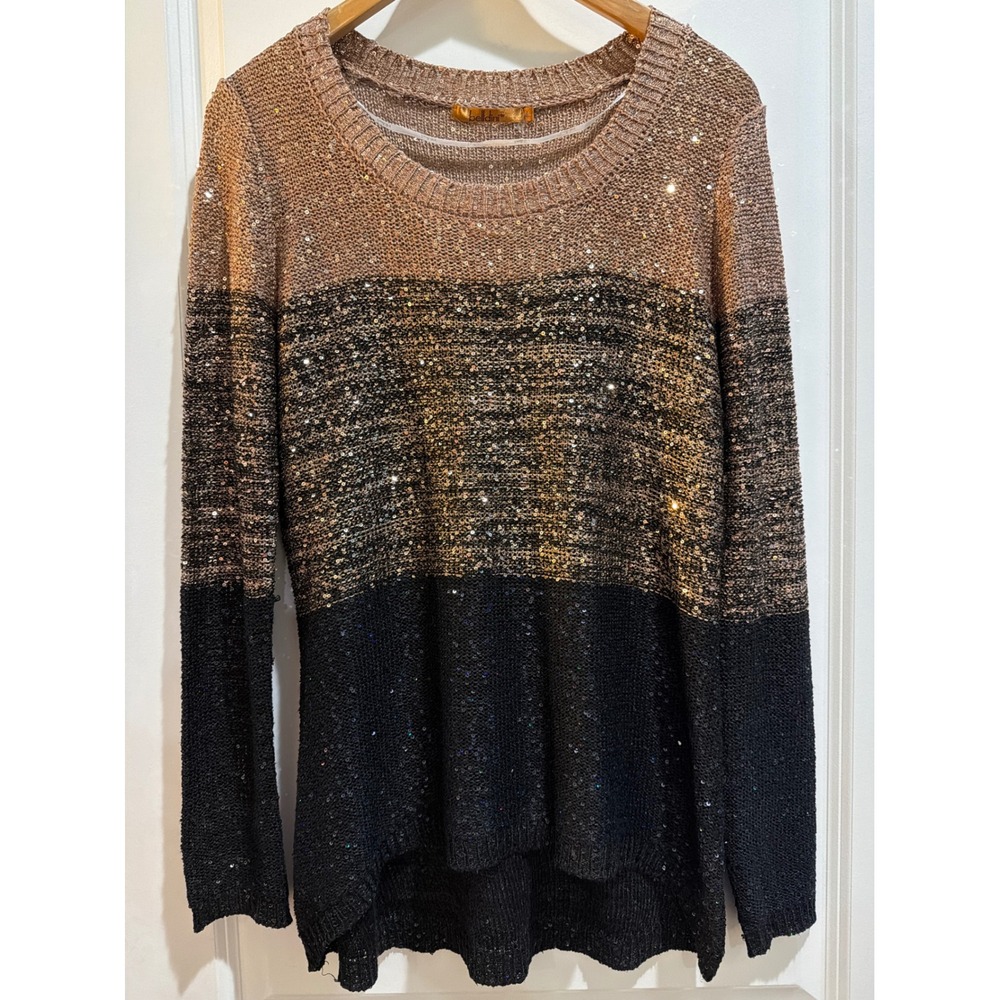 Belldini Womens Ombre Sequin Knit Sweater Bronze Black Long Sleeve Size L